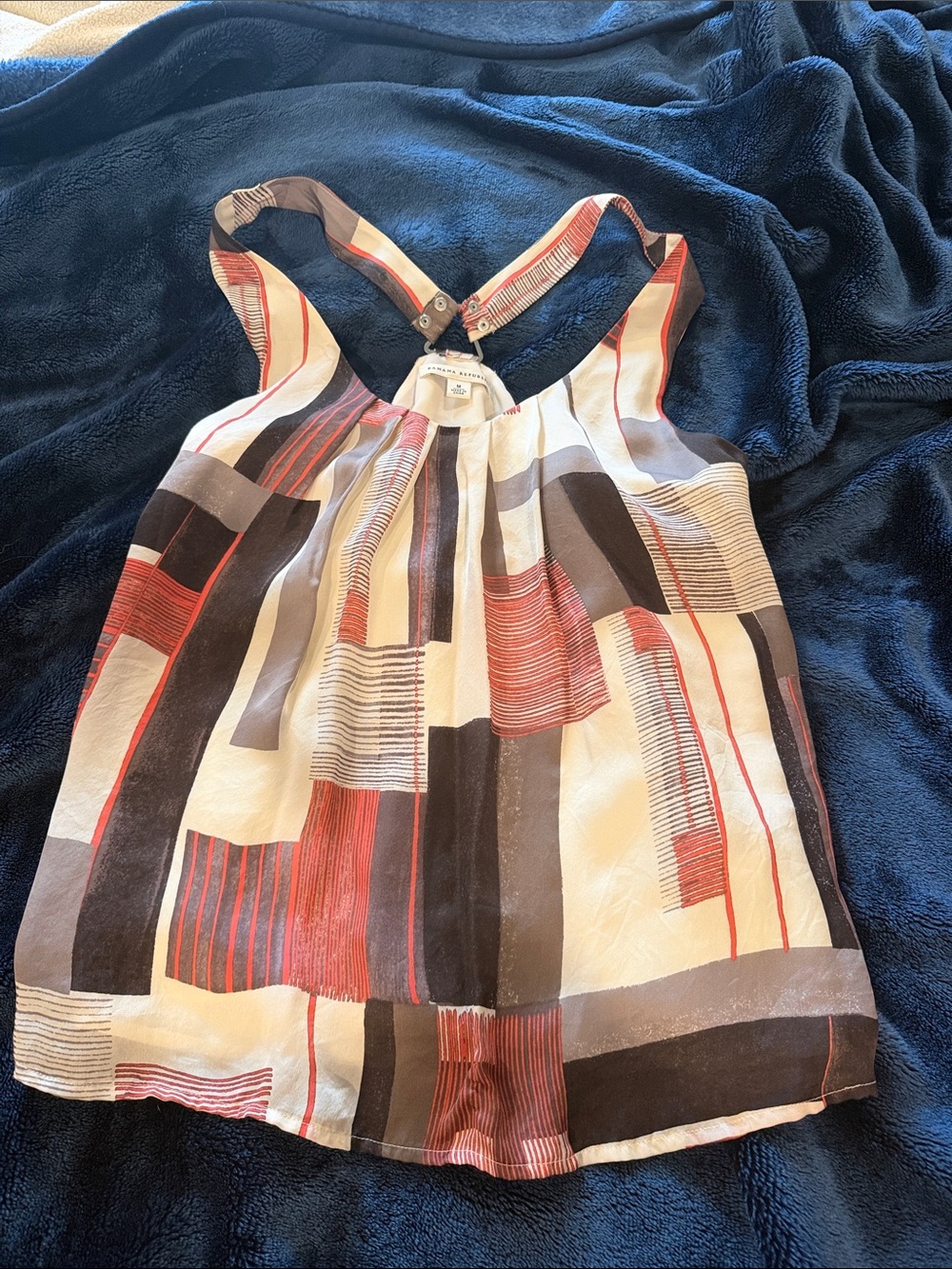 💠 BANANA REPUBLIC 100% Silk Multi Color Block V-Back Top Silver Hardwear szM